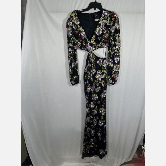 NWT $598 Mac Duggal [ 6 ] Floral‎ Sequined Cutout Long Sleeve Gown Black - Picture 6 of 16